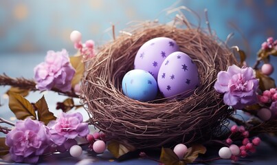 Fototapeta na wymiar Festive Happy Easter. Colorful pastel hand painted decorated Easter eggs with spring flowers in basket