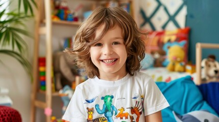 smiling boy wearing dinosaur themed shirt with colorful background