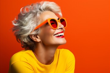 Fashion portrait of beautiful young woman wearing orange sunglasses on orange background.