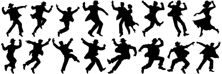Dancing people silhouettes set, large pack of vector silhouette design, isolated white background - obrazy, fototapety, plakaty