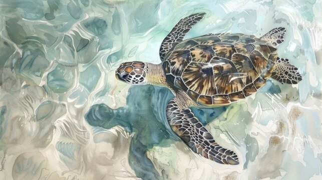 illustration of sea turtles swimming in crystal clear water generative ai