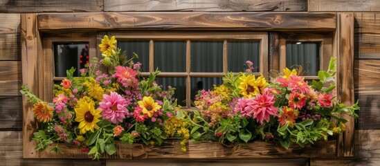 Fototapeta na wymiar A rustic wooden window is beautifully adorned with a bunch of vibrant flowers. The colorful blooms create a striking contrast against the wooden frame, adding a touch of nature to the window.