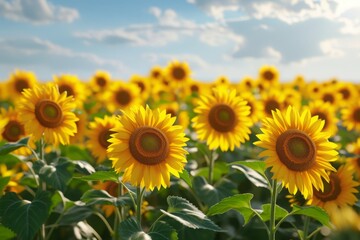 Obraz premium A vast sunflower field in full bloom showcasing vibrant yellow flowers under the bright summer sun