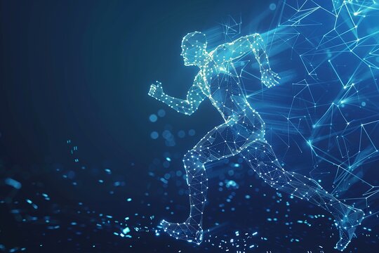 running man low poly wireframe on dark blue background concept running to the goal success determination technology business concept