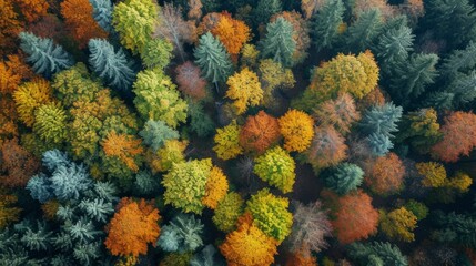 Naklejka na ściany i meble aerial view of deciduous forest in autumn generative ai