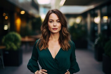 Portrait of a beautiful young business woman in a green dress.