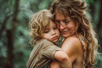 Fototapeta premium Tender Moment between Mother and Child in Natural Setting, Warm Embrace and Loving Care Outdoors