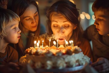 Family Celebrating Senior Woman's Birthday with Cake and Candles in Cozy Home Setting, Warm and Joyful Moments