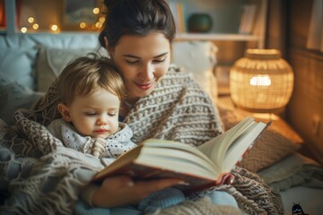 Obraz premium Warm and Cozy Evening at Home with a Young Mother Reading a Storybook to Her Toddler