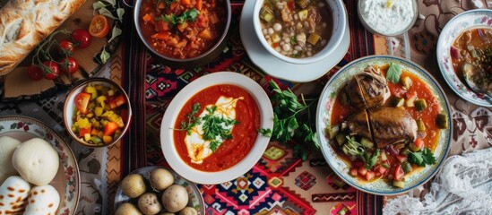 A table is covered with a wide variety of dishes, including Ukrainian borsch, creamy chicken soup, and grilled vegetables. The spread offers a balanced diet with colorful and flavorful options for a
