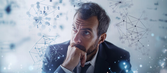 A businessman is thinking of new ideas, mathematical operations symbols are flying around in his head