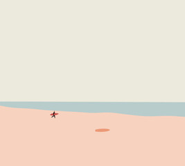 Young surfer holding a surfboard on the beach. Outdoor Sport Tropical Ocean Concept. Summer Holiday Vacation.