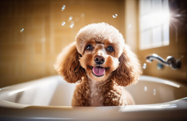 Owner washing poodle dog a bathtub with foam and bubbles.