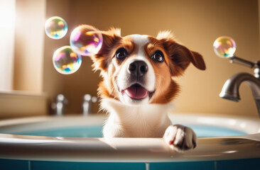 Dog washing a bathtub with foam and bubbles.