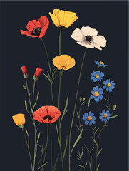 Vibrant Wildflowers Illustration on Dark Background