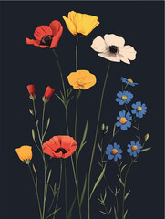 Fototapeta premium Vibrant Wildflowers Illustration on Dark Background