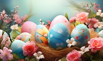 Fototapeta na wymiar Festive Happy Easter. Colorful pastel hand painted decorated Easter eggs with spring flowers in basket