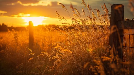 Golden grass by farm gate at sunset generative ai - obrazy, fototapety, plakaty
