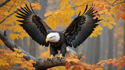 Obraz premium Golden autumn leaves a bald eagle soars through the crisp air, its keen gaze set on a sturdy tree trunk where it will land