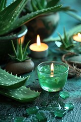 Obraz na płótnie Canvas fresh aloe vera leaf and aloe gel with burning candles 