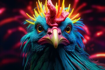 Unusual Neon chicken bird. Art blue color. Generate Ai - obrazy, fototapety, plakaty