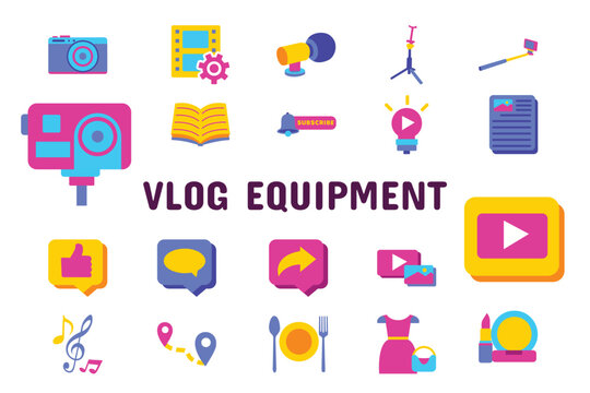 Vlog Equipment Flat Vector Illustration Icon Sticker Set Design Materials