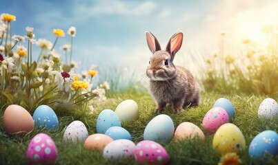 Fototapeta na wymiar Cute Easter rabbit with decorated eggs and spring flowers on green spring landscape. Little bunny in the meadow. Happy Easter greeting card, banner,