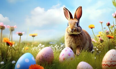 Fototapeta na wymiar Cute Easter rabbit with decorated eggs and spring flowers on green spring landscape. Little bunny in the meadow. Happy Easter greeting card, banner,