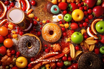 Fototapeta na wymiar Healthy and unhealthy food background from fruits and vegetables vs fast food, sweets and pastry top view. Diet and detox against calorie and overweight lifestyle concept. 