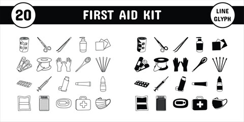 First Aid Kit Line Glyph Vector Illustration Icon Sticker Set Design Materials
