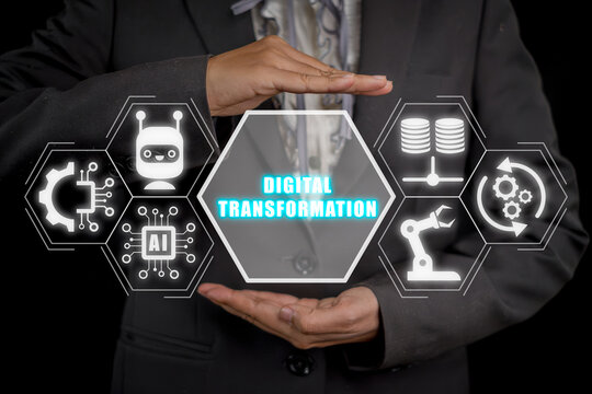 Digital transformation concept, Business hand holding digital transformation icon on virtual screen.