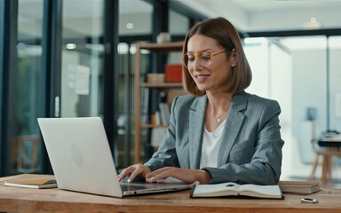 A professional woman working on a laptop at her office desk