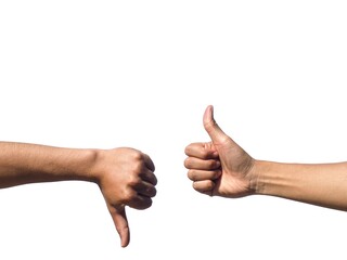 Two male hands giving thumbs up and down on white background, business concept.