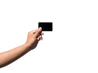 A man's hand makes a gesture of holding a black card. or gray business card Some types of documents, identity card or passport, isolated on white background.