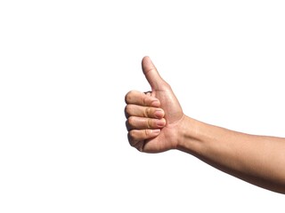 Male hand giving thumbs up isolated on white background, business concept.