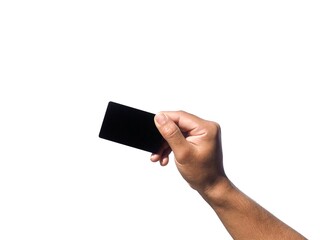 A man's hand makes a gesture of holding a black card. or gray business card Some types of...