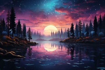 Fototapeta premium Luminous Neon moon lake. Neon water lake. Generate Ai