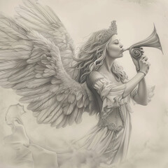 Angel blowing a trumpet, monochrome illustration in the style of medieval engravings. Beautiful female angel holding a speaking horn, pencil drawing.