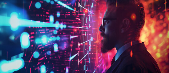 Businessman thinking of new ideas and solutions in his mind, standing in front of a digital, abstract background