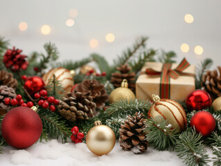Fototapeta na wymiar Festive Christmas Decoration with Gift Box, Ornaments, and Pinecones