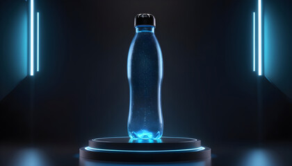 Water holographic bottle with dramatic blacklight on dark background - 748391940
