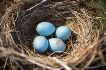 Naklejka na ściany i meble Speckled Nest bird eggs natural. Animal farm. Generate Ai