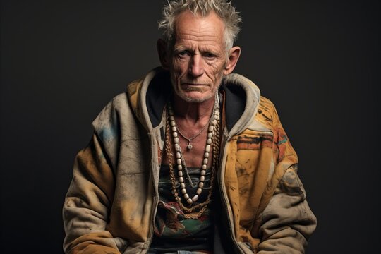Portrait of an old hippie man. Studio shot over black background.