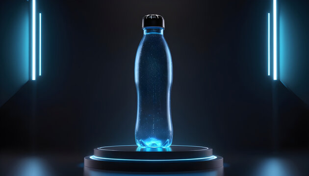Water holographic bottle with dramatic blacklight on dark background