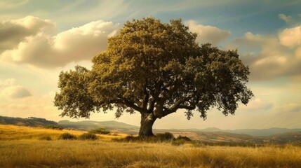 Obraz premium majestic large tree with a yellow sunset sky in high resolution and high quality. concept tree, meadow, nature