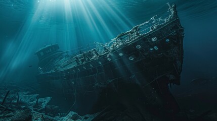 sunken ship in the depths of the sea with good lighting and rusty - obrazy, fototapety, plakaty