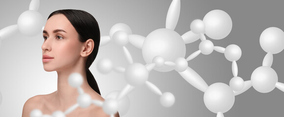Beautiful woman with perfect healthy skin and molecular model on grey background, banner design....