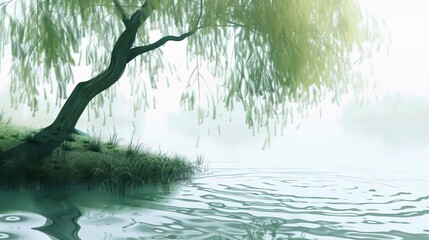 Peaceful Anime Riverbank with Willow Tree in Minimalist Style