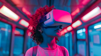 Fotobehang A woman with curly hair tries out VR glasses while standing in a subway car, neon light © keystoker