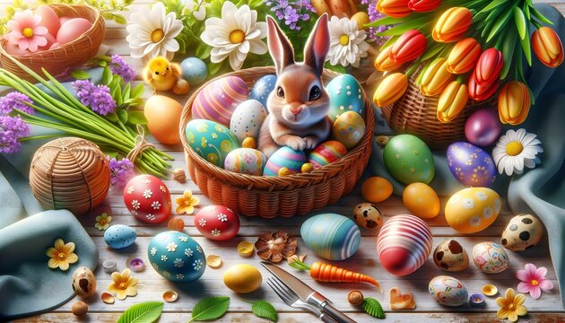 Easter bunny perched inside a woven basket overflowing with colorful Easter eggs, capturing a festive and joyful Easter scene with flowers